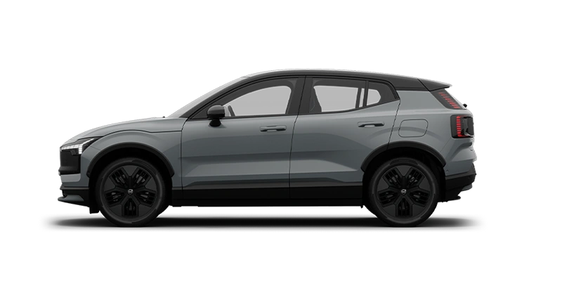 Vue latérale d’un Volvo EX30CC Gris Brume
